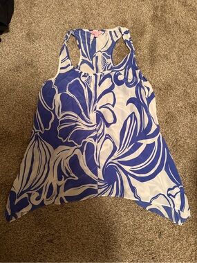 Lilly Pulitzer Blue and White Floral Tank Top 100% Silk